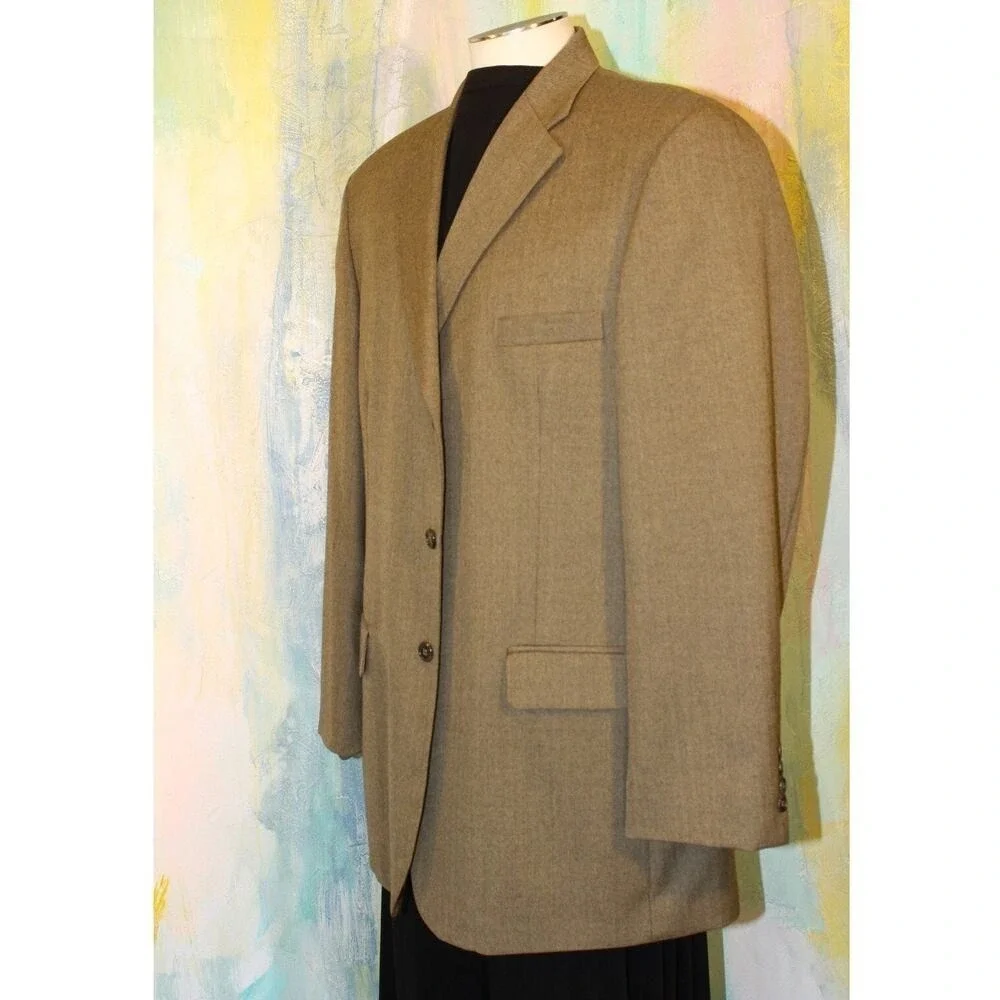 46 HAGGAR Beige Brown Blazer Mini Herringbone Academia Jacket Sport Coat TAN 46L